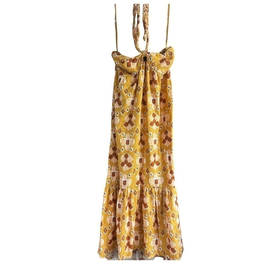 NWT aerie Mustard Yellow & Rust Floral Halter LINEN Maxi Dress sz LARGE - Picture 3 of 3